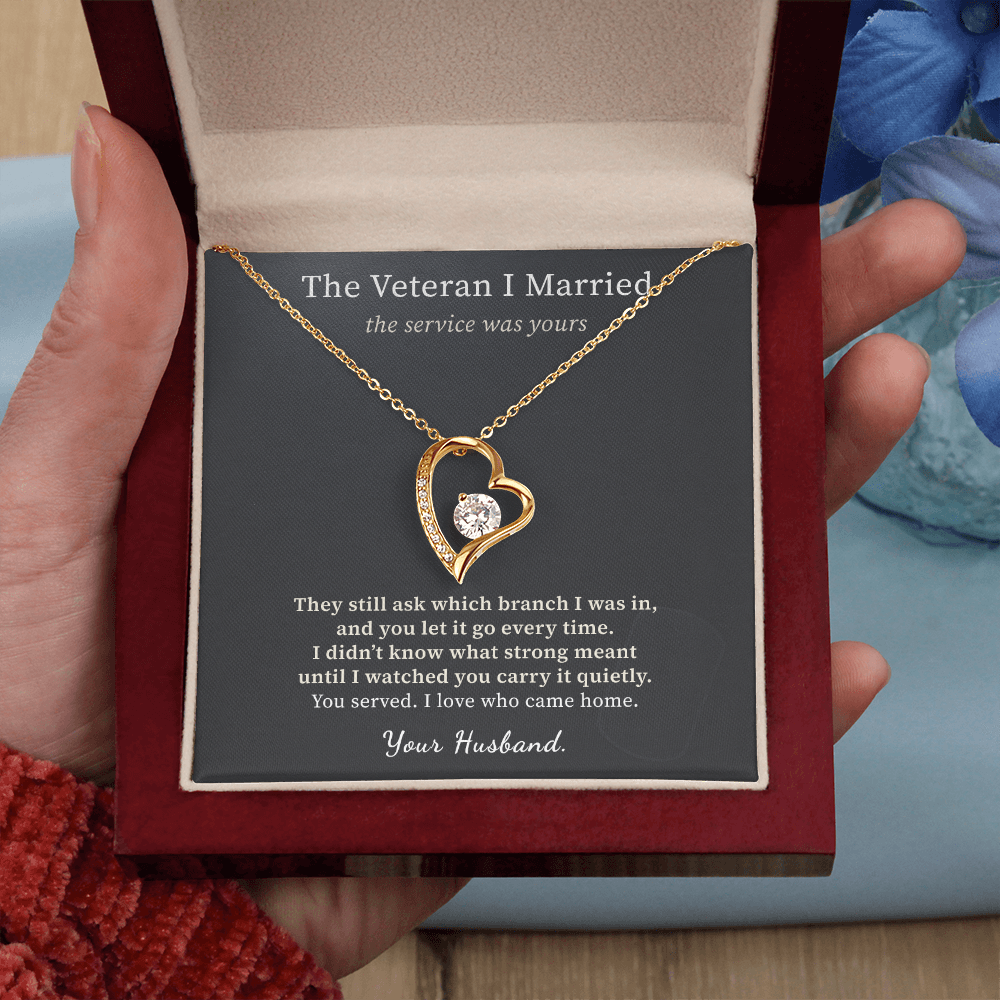 Woman Veteran Wife Necklace Appreciation Gift From Husband | Message Card | Heart Pendant