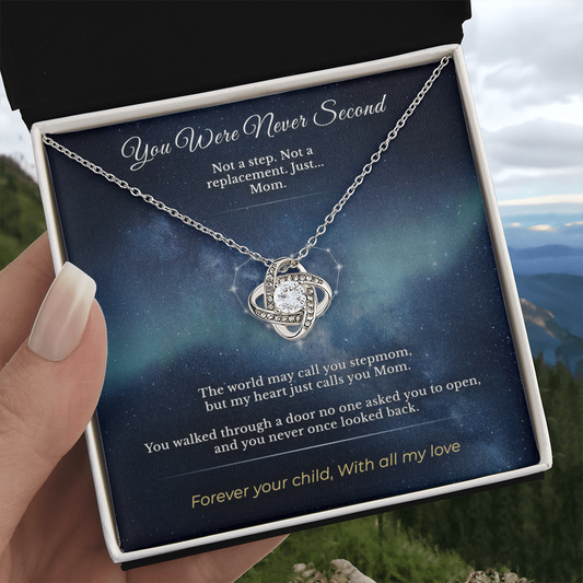 Bonus Mom Necklace Appreciation Gift | Message Card | Chosen Family Knot Pendant