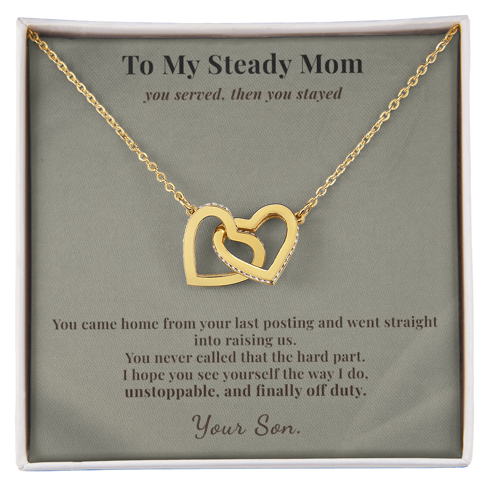 Veteran Mom Necklace Appreciation Gift From Son | Message Card | Two Hearts Pendant