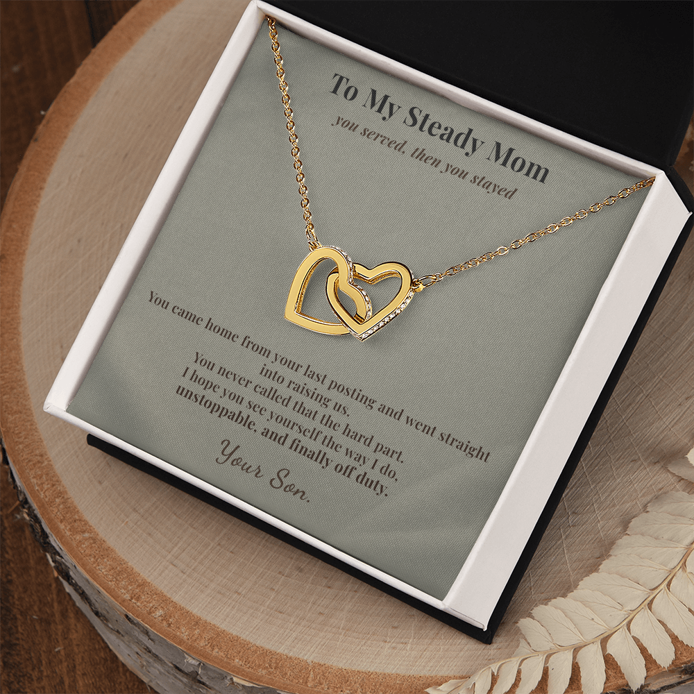 Veteran Mom Necklace Appreciation Gift From Son | Message Card | Two Hearts Pendant
