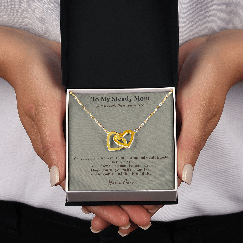 Veteran Mom Necklace Appreciation Gift From Son | Message Card | Two Hearts Pendant