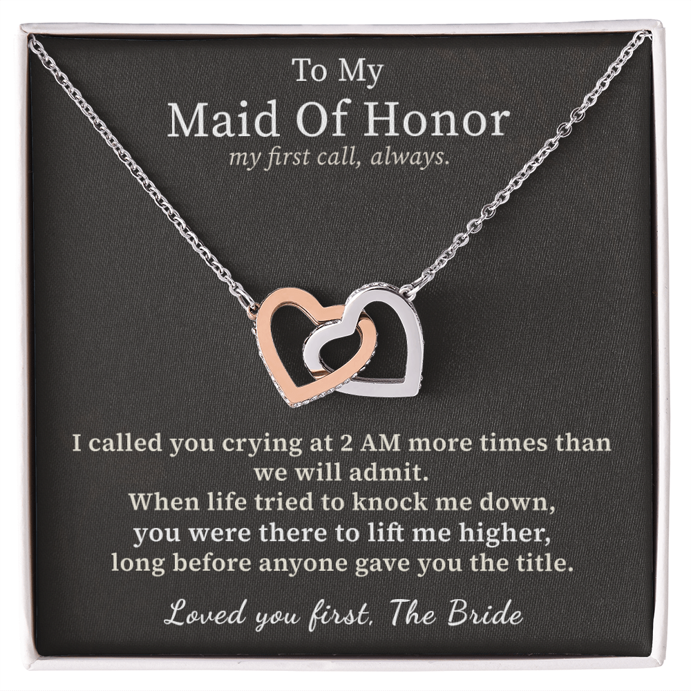 Maid Of Honor Necklace Thank You Gift From Bride | Message Card | Two Hearts Pendant