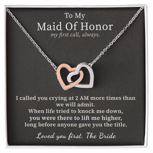 Maid Of Honor Necklace Thank You Gift From Bride | Message Card | Two Hearts Pendant