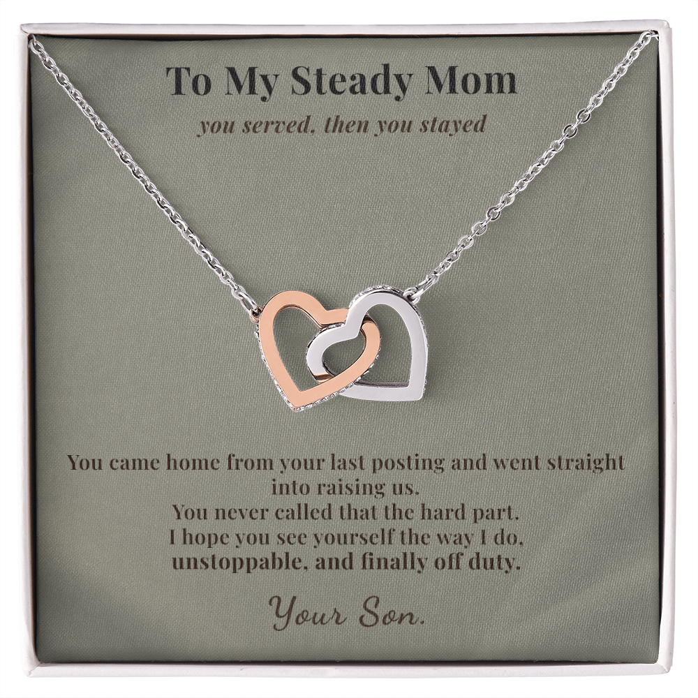 Veteran Mom Necklace Appreciation Gift From Son | Message Card | Two Hearts Pendant