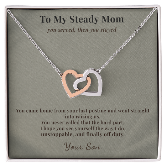 Veteran Mom Necklace Appreciation Gift From Son | Message Card | Two Hearts Pendant