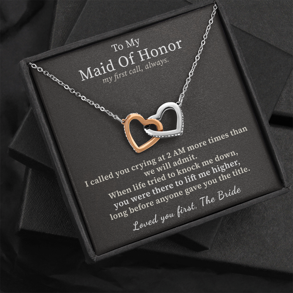 Maid Of Honor Necklace Thank You Gift From Bride | Message Card | Two Hearts Pendant