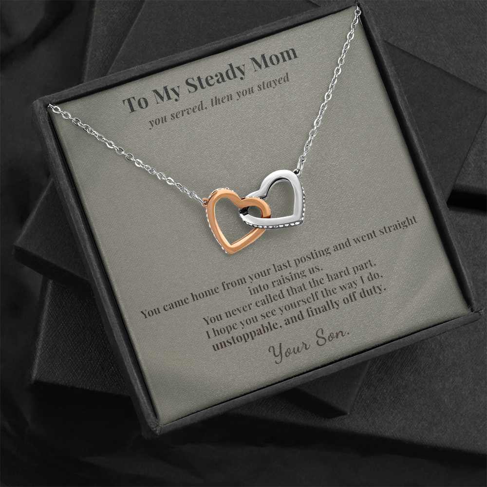 Veteran Mom Necklace Appreciation Gift From Son | Message Card | Two Hearts Pendant