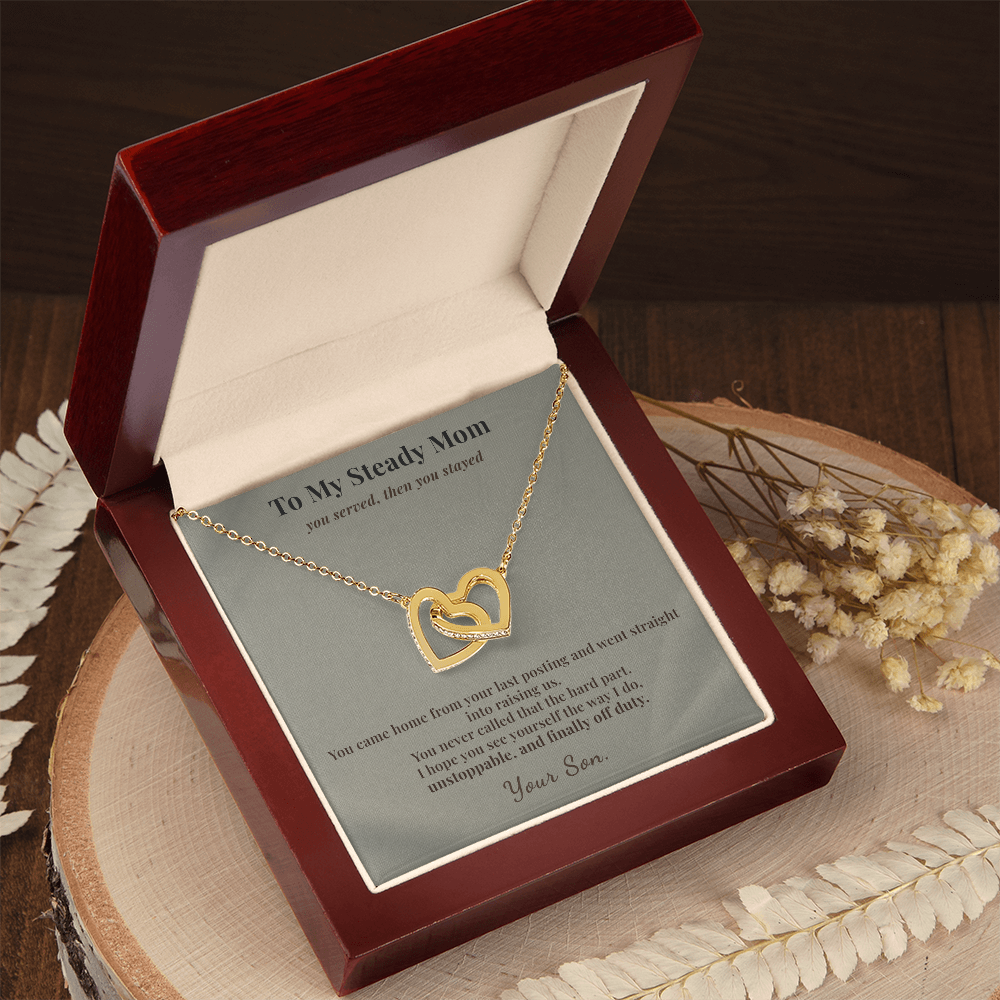 Veteran Mom Necklace Appreciation Gift From Son | Message Card | Two Hearts Pendant