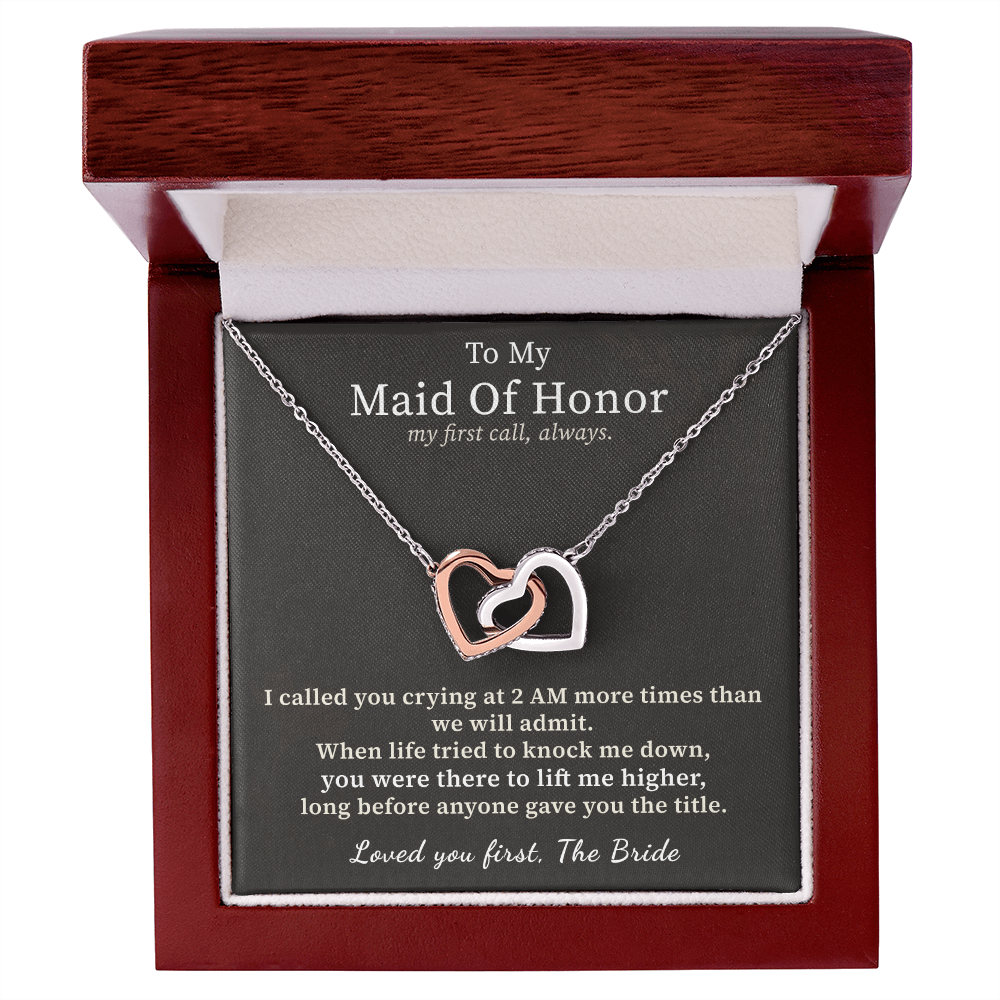Maid Of Honor Necklace Thank You Gift From Bride | Message Card | Two Hearts Pendant