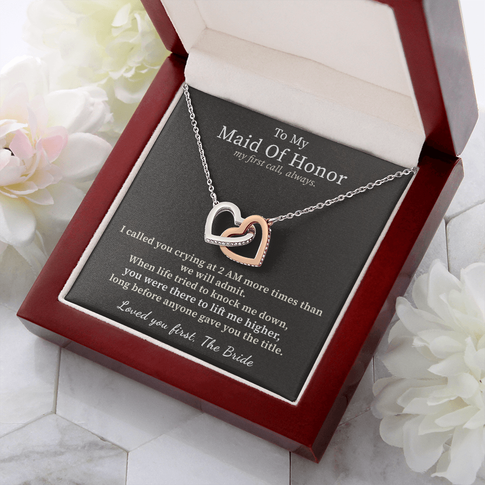 Maid Of Honor Necklace Thank You Gift From Bride | Message Card | Two Hearts Pendant