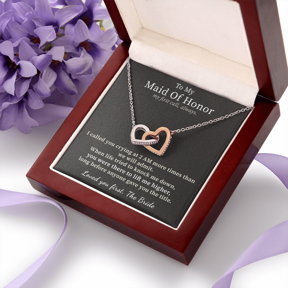 Maid Of Honor Necklace Thank You Gift From Bride | Message Card | Two Hearts Pendant
