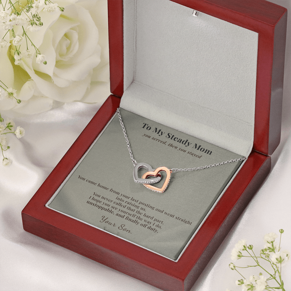 Veteran Mom Necklace Appreciation Gift From Son | Message Card | Two Hearts Pendant