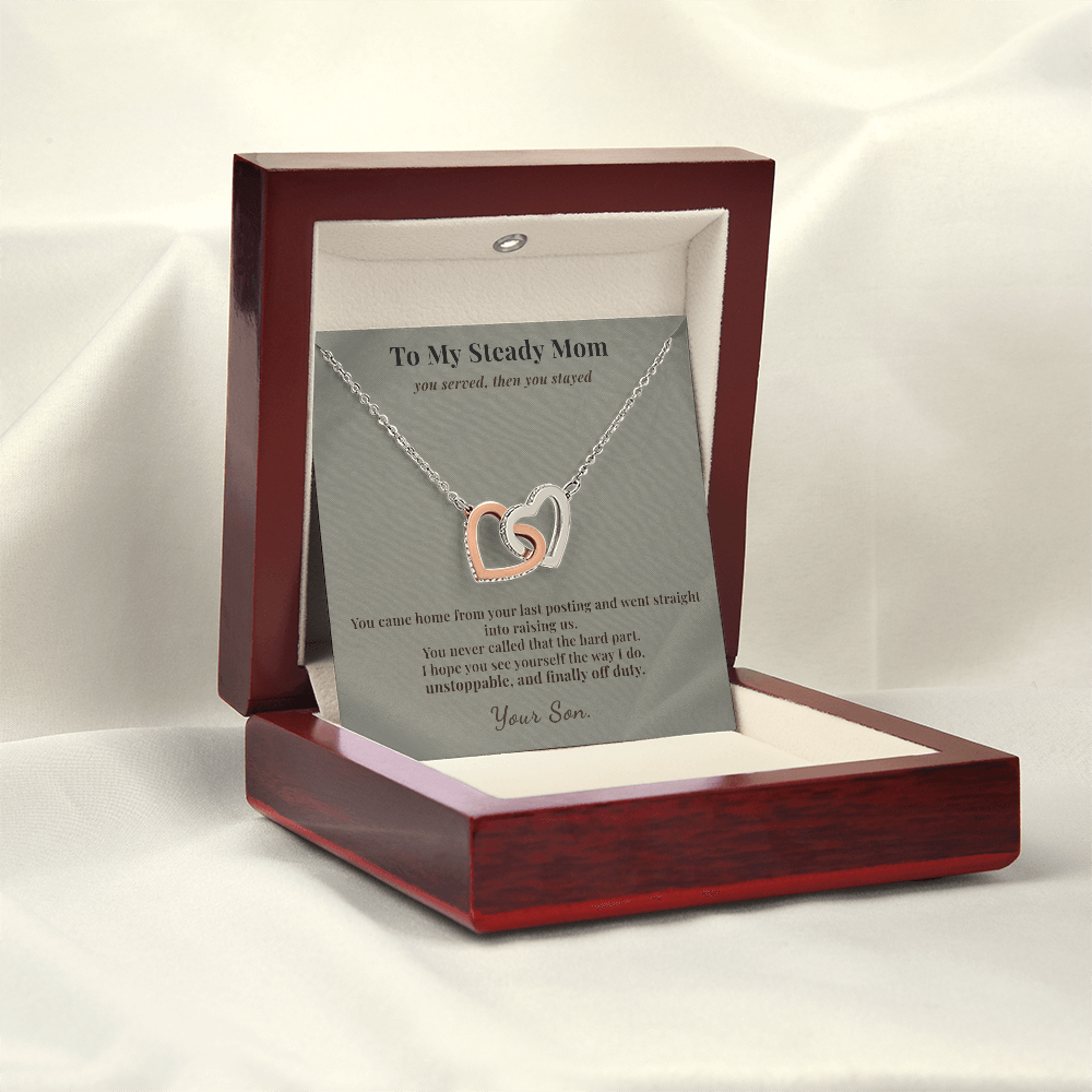 Veteran Mom Necklace Appreciation Gift From Son | Message Card | Two Hearts Pendant