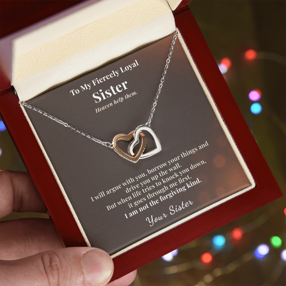 Little Sister Necklace Gift From Big Sis | Fiercely Loyal | Message Card | Two Hearts