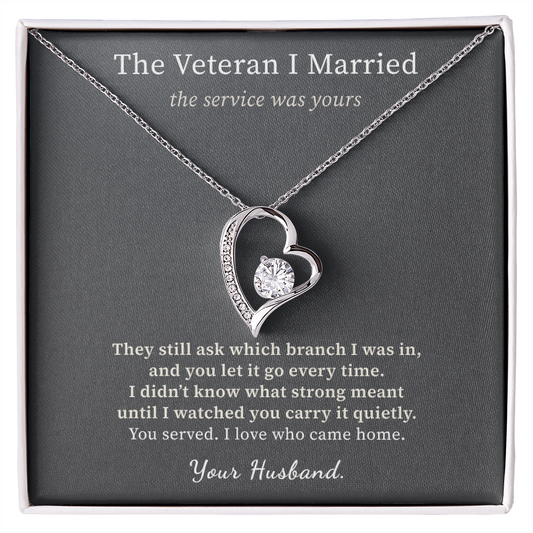 Woman Veteran Wife Necklace Appreciation Gift From Husband | Message Card | Heart Pendant